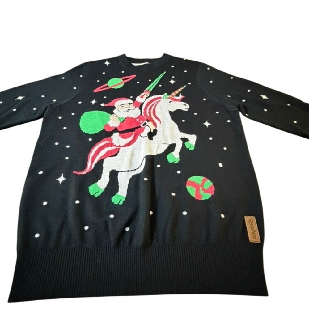 Tipsy Elves Mens XL Black Santa Riding Unicorn Space Ugly Christmas Sweater Work